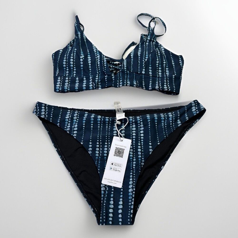 Cupshe Bikini Set L Teal Blue Print 2-Piece Lace Up Back Swimsuit NWT Sporty